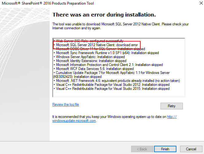 SharePoint 2016 Prerequisite Installer Download Error