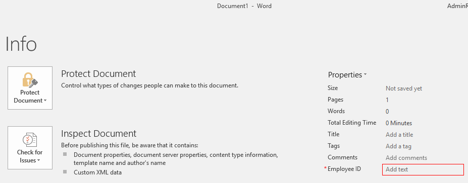 document properties word 2016